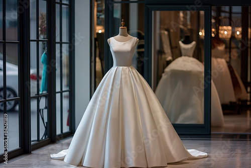 wedding dress on a hanger, A breathtaking full-length white bridal gown displayed in a luxurious showroom