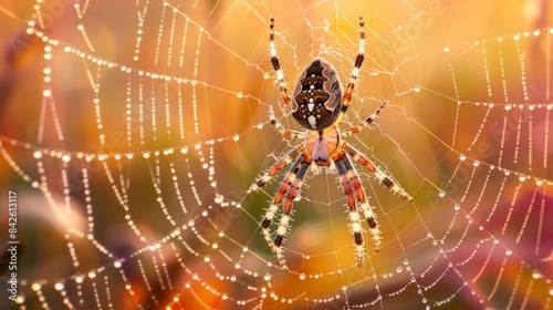 A spider weaving its web in the early morning light, with dew drops highlighting the silk threads.