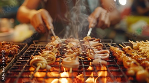 A street food vendor grilling squid skewers over hot coals, attracting hungry customers with the enticing aroma.