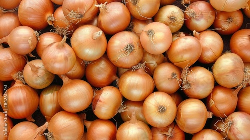 Fresh golden onions in bulk at a market