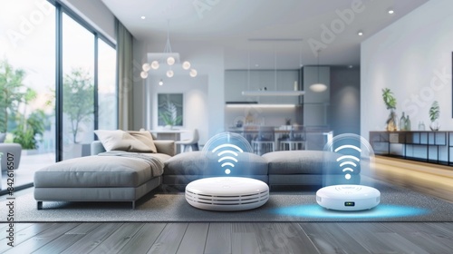 a wireless router sitting on a table in a bright and comfortable living room.