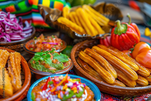 A Vibrant Mexican Street Food Scene With Tacos Al Pasto, And Churros, Against A Festive Backdrop