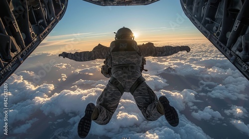 A paratrooper captured mid-free-fall above a bed of clouds during a skydiving exercise or adventure