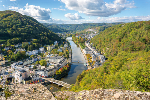 Autumn panorama aerial view of the city of Bad Ems. View of the Lahn River and the city. October. Autumn colors.