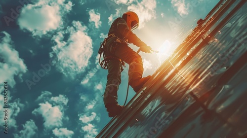 An industrial worker is welding on a high-rise building against a blue sky, equipped with safety gear
