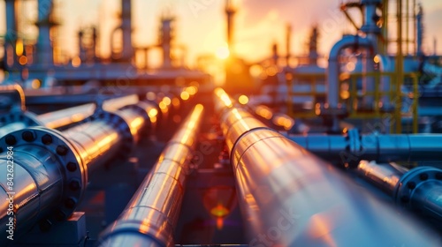 Sunset view of gleaming metal pipelines in an industrial setting with warm tones