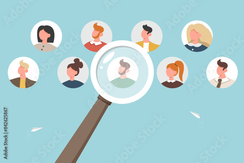 Reorganization or allocate resources, change team structure for efficiency, restructure organization, job roles concept, searching and hiring new candidates, large magnifying glass shows at candidate.