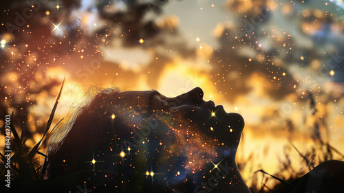 Silhouette of a woman lying under stars and galaxies in her dream. Surrealistic astrology concept.