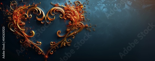 Elegant heart with golden swirls on a textured dark blue background