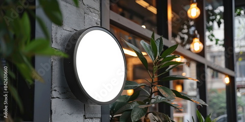 Outdoor round signboard mounted on a wooden wall with an adjacent light fixture. perfect for cafes, shops, or restaurants, providing a modern and inviting look for business signage..