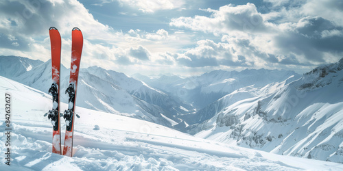 Pair of skis standing upright in fresh snow - a mountain landscape in the background - skiing