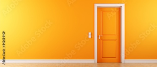 Orange doors with white trim are standing in a room with a yellow wall. The doors are open, and the room appears to be empty