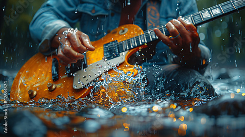 A guitarist playing in the rain, with water droplets bouncing off the strings and creating ripples in the puddles
