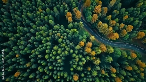 Aerial view from 1000 meters above a forest with a winding road, captured in high-definition photography with a teal and orange cinematic tone