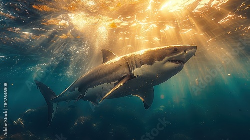 White shark swimming underwater with sun rays breaking through the water surface, creating an epic scene.