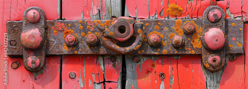 Rusted metal hinge on a red wooden door. The hinge is old and weathered, with peeling paint and rust. The door is also showing signs of age and wear, with cracked paint and faded color