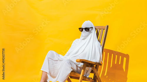 Person in ghost costume and sunglasses relaxing on dec