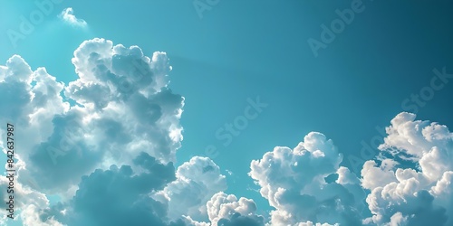 Pattern of blue sky with fluffy white clouds on a vibrant background - design texture. Concept Sky Patterns, Fluffy Clouds, Vibrant Background, Design Texture