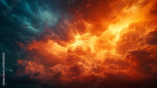 The image captures a vivid and dramatic sky with fiery colors and cloud formations, resembling a turbulent atmosphere