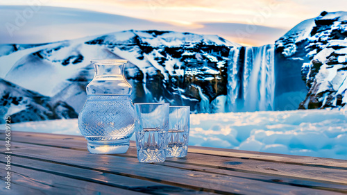 Water pitcher and glasses at a waterfall