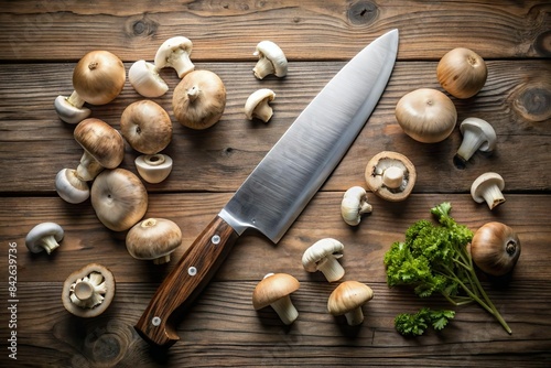 cut mushroom on wooden kitchen table with knife