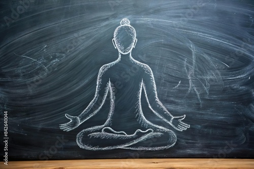 class board with meditating person drawing in chalk. Meditation and mindfulness course