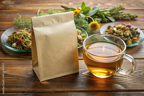 paper bag next to chrysanthemum herbal tea. Organic healthy product