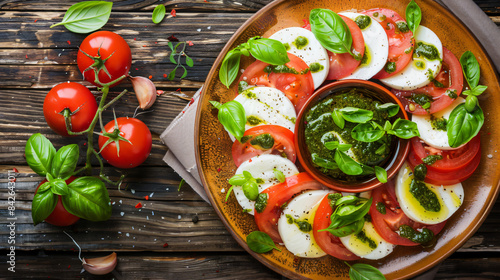Plate of delicious Caprese salad with pesto sauce on white