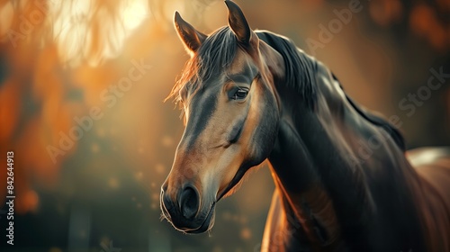  A beautiful and colorful horse in a dynamic portrait pose shot from an ultra-low low camera angle. 