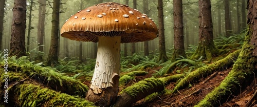 A giant mushroom stands prominently in a lush, moss-covered forest. The misty morning atmosphere adds a sense of mystery and wonder, highlighting the mushroom's intricate details and natural beauty.