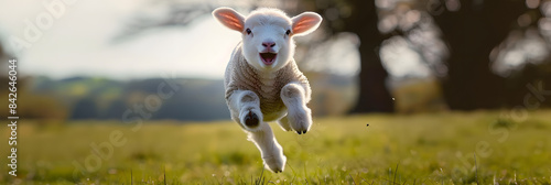 A baby lamb runs across a field leaping into the air, joyful with an essence of a Christian life. Beautiful and innocent. 