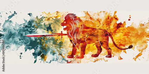 The Lion: The Flag of Sri Lanka as a Symbol of Power and Prosperity - Visualize the flag of Sri Lanka with its lion holding a sword, symbolizing power, bravery, and prosperity 