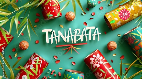 Tanabata invitation with tanzaku papers and floral decor on green background. Japanese holiday and Shintoism concept. For Tanabata celebration. Cartoon illustration for banner, wallpaper, poster, card