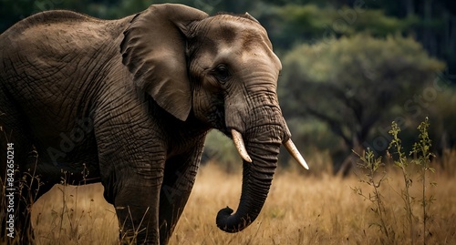 Single elephant with beautiful big tusks in a forest