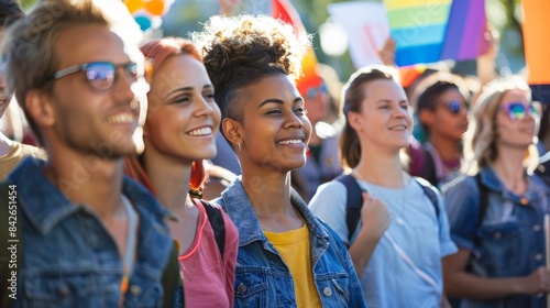 Diverse group of people holding signs at a peaceful equality march