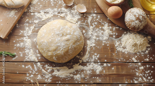 Raw dough for ciabatta and flour on wooden table flat