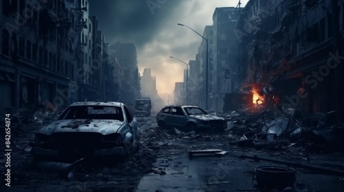 A car is in the middle of a destroyed city. The car is old and rusted. The city is in ruins and the sky is cloudy