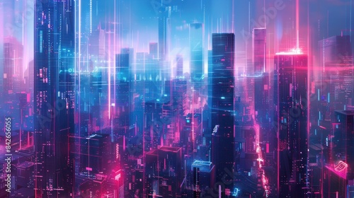 Futuristic modern cityscape with hi-tech neon glowing light effects technology background