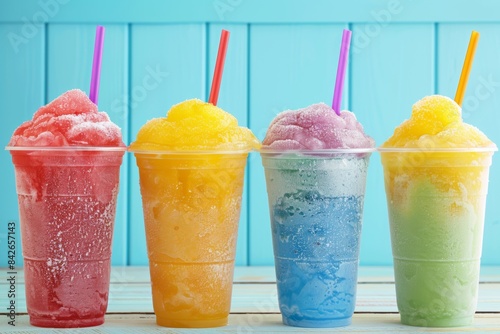 Colorful assortment of refreshing slush drinks in plastic cups