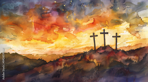 Watercolor sunset scene of three crosses on Calvary, symbolizing sacrifice