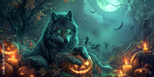 A wolf with glowing green eyes sits amidst a collection of carved pumpkins under a full moon on a spooky Halloween night