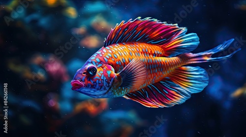  A whimsical underwater shot of a daring parrotfish jumping into the water showcasing its vibrant colours and unique pattern.