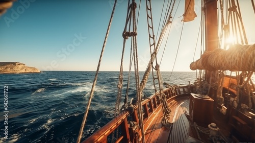 A sailboat is sailing in the ocean with the sun shining on the sails. The boat is surrounded by water and the sky is clear