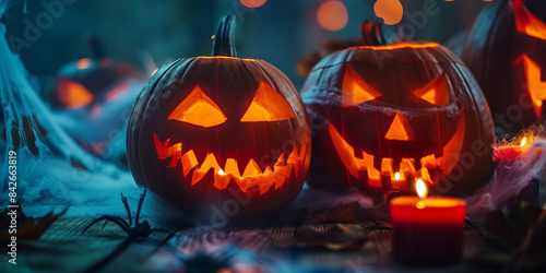 Two carved pumpkins with lit candles, set against a backdrop of cobwebs and a spooky atmosphere