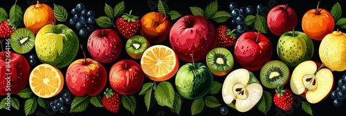 Colorful Fruit Arrangement With Apples, Oranges, and Kiwi on Black Background