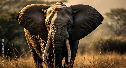 A beautiful elephant with big tusks in a forest