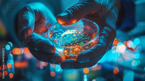 a close-up of a scientist's hands delicately holding a petri dish containing a vivid, multicolored substance, with a high-tech laboratory environment in the background