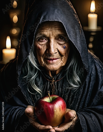Una vieja bruja que ofrece una manzana