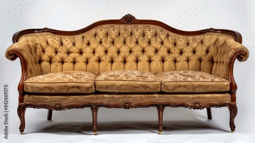 Vintage furniture federal style sofa with brown wooden frame beige floral upholstery, decoration classic antique