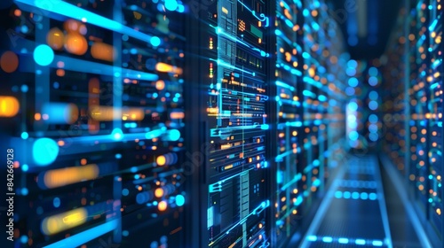 edge computing technology with glowing blue server racks in futuristic data center, development efficiency advancement